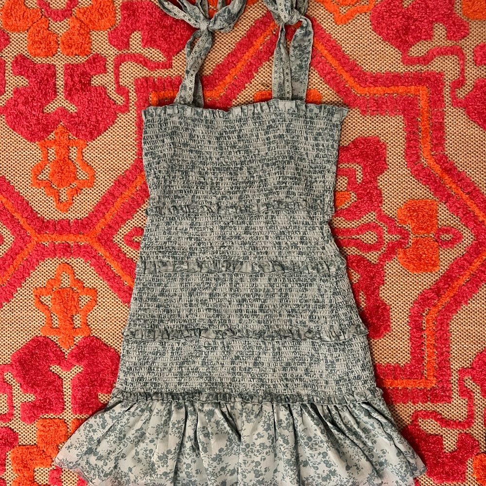 Summer Ruffle Smocked Mini Dress Sleeveless Floral Print Tiered Tie Slim Fit